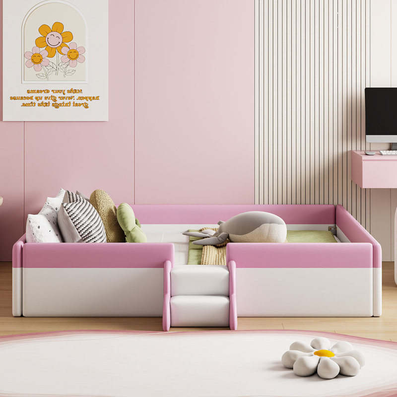 Queen Size Upholstered Daybed Frame with Fence and Stairs, PU Leather Platform Bed with Sturdy Slats,(PINK+WHITE), Pink