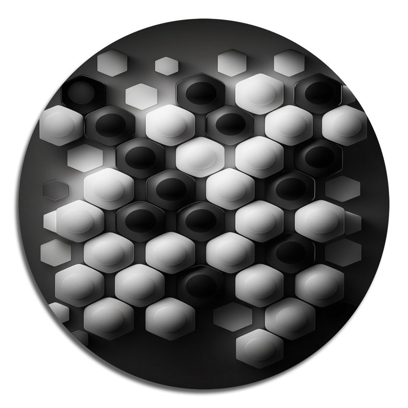 Abstrait géométrique noir et blanc III - Art mural rond abstrait géométrique sur métal, L 16 po x H 16 po
