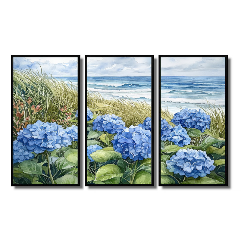 Hortensias dans le jardin côtier III - art mural hortensias - ensemble de 3, H 28 po x l 36 po, Noir