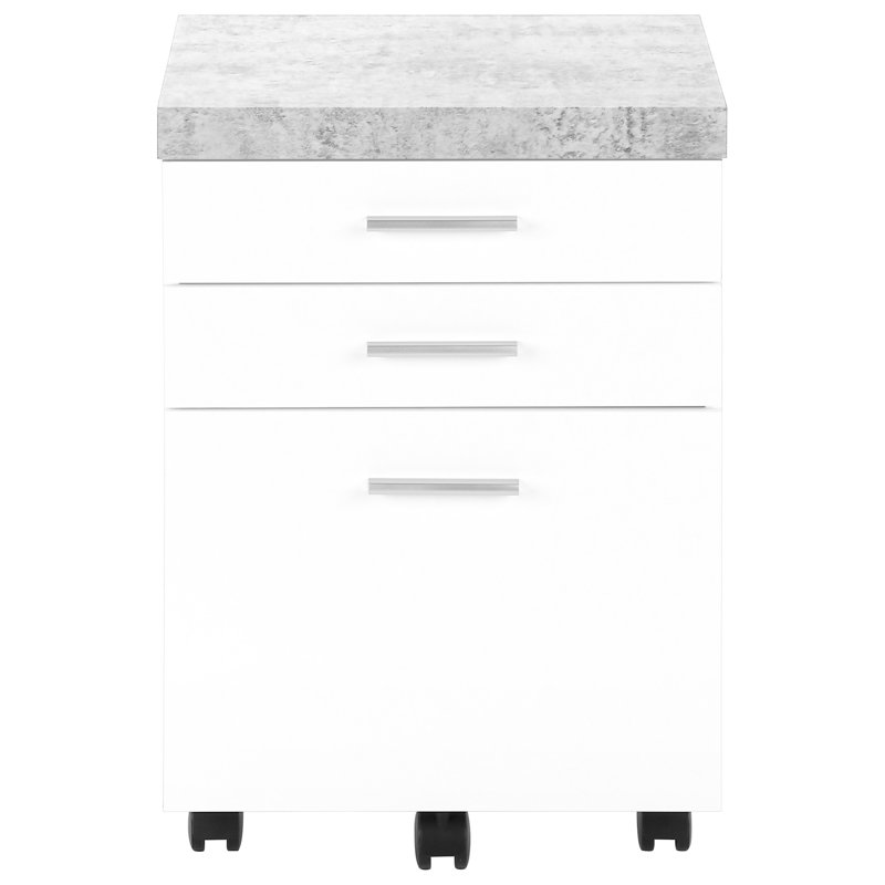 3 classeurs à roulettes pour le bureau, stratifié de ciment blanc et gris, rangement mobile avec tiroirs optionnels, apparence de stratifié