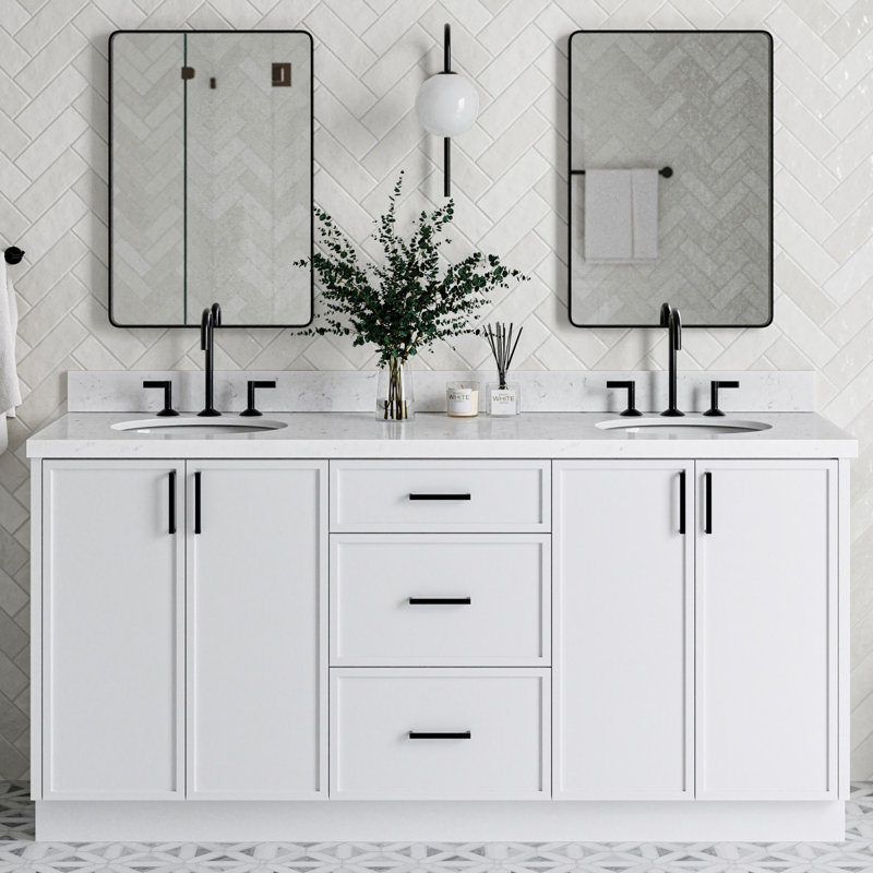 Meuble-lavabo double 72 po ARIEL Kelly avec comptoir en quartz de Carrare, Blanc