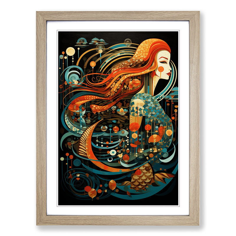 XYZ-FRM-V1223-4490 Mermaid Constructivism - Single Picture Frame Print on Wood, 34cm H x 25cm W x 2cm D, Oak 