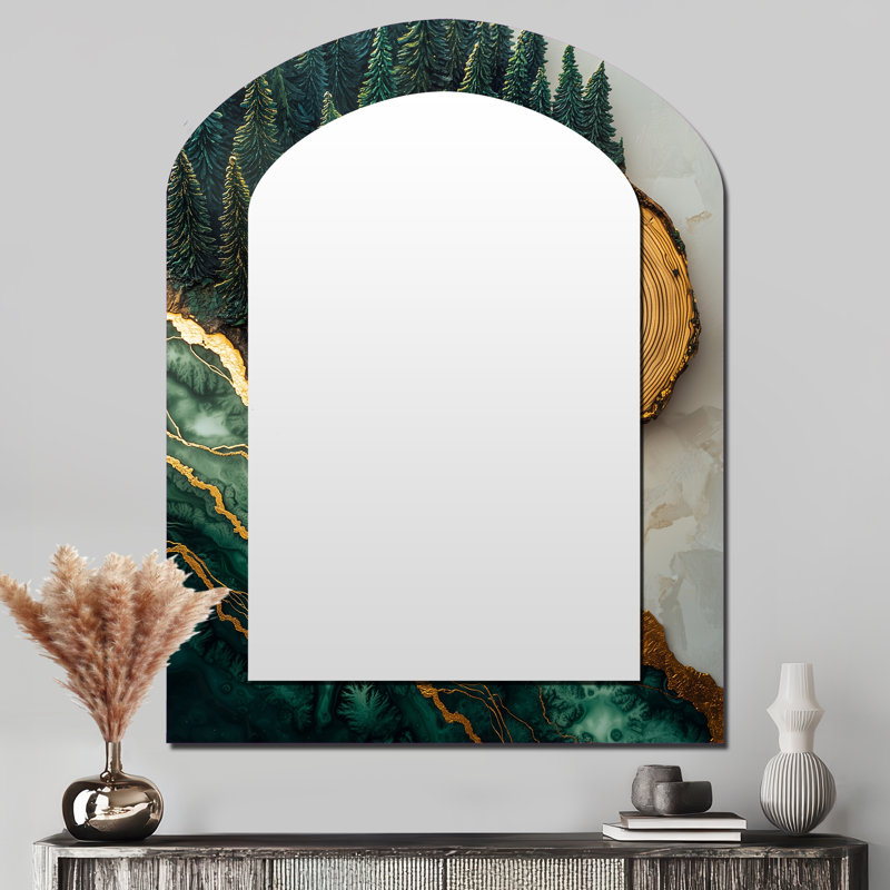 «Bold Forest Landscape Path of the Emerald River II», miroir décoratif asymétrique forêt, miroir mural arqué traditionnel, impression d'art en métal