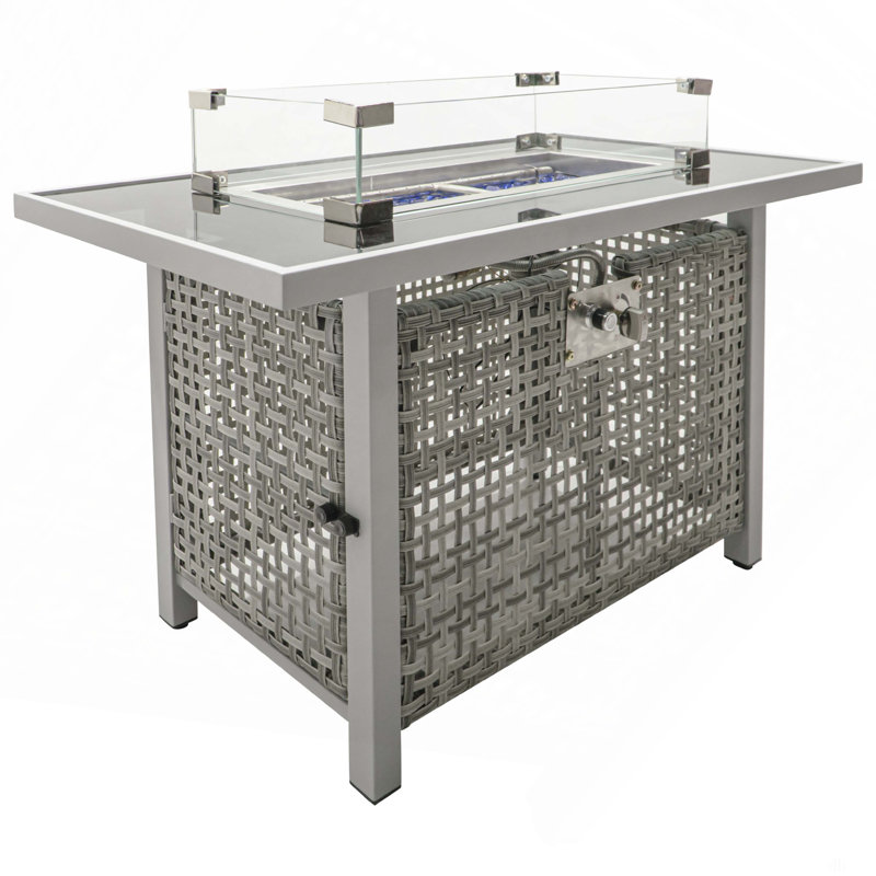 43" Propane Gas Fire Pit Table, 60000 BTU Rectangular Open Weave Wicker Fire Pit With Glass Wind Guard For Outside Patio Deck Garden Backyard