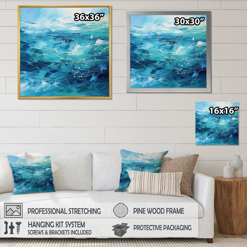 Cerulean Seascape I - Abstract Landscape Canvas Art Print, Cadre flottant doré, H 24 po x l 24 po