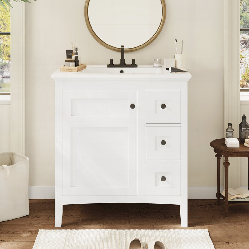 Meuble-lavabo 30 po avec lavabo en céramique, 3 tiroirs noir, Blanc