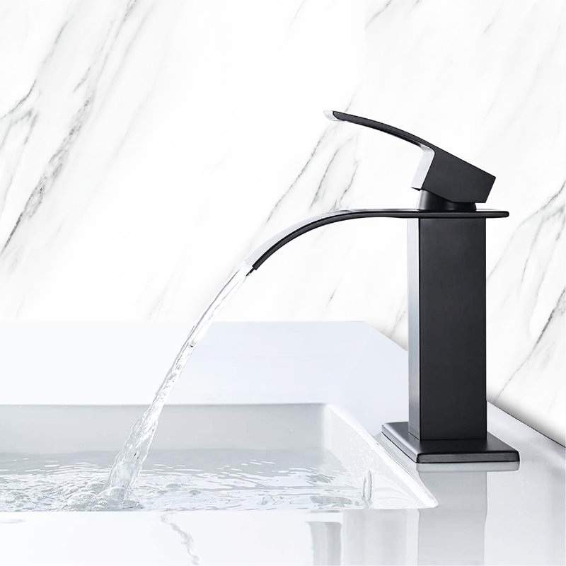 Waterfall Spout Single Handle Bathroom Faucet, Stainless Steel, Matte Black Cool Handle, Decoration, Matte Black