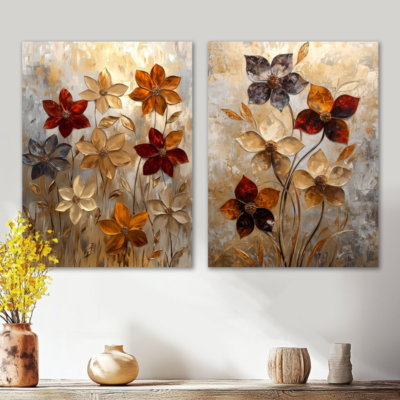 Fantasy Dahlia Flower Field I - Brown Floral, impression d'art mural en métal 2 pièces, 32" H x 48" W