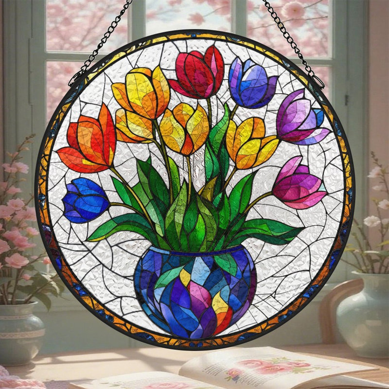 Vitrail tulipes vitrail pour fenêtre, 3,5 x 3,5 po (9 x 9 cm)