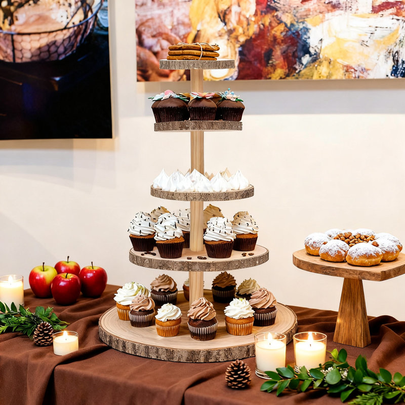 Présentoir à petits gâteaux en bois, tour à dessert amovible rustique avec grandes tranches de bois, 5 niveaux (bois rustique)