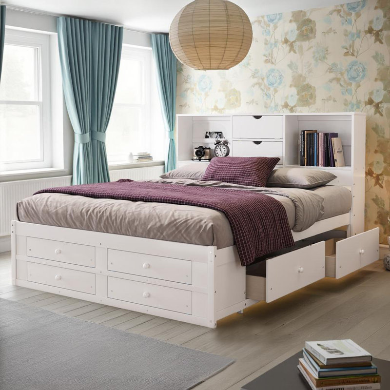 King Platform Bed with Storage Headboard & 8 Drawers - Solid Wood Construction, No Box Spring Needed, 500lb Capacity, White