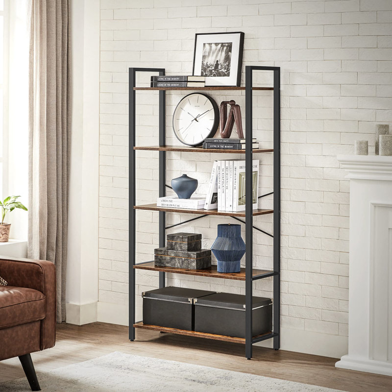 Lakesha Etagere Bookcase, (5 Shelves) 153cm H x 80cm W x 30cm D, Rustic Brown/Black