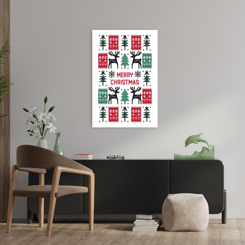 Merry Christmas Pixel Pattern Retro Abstract Christmas Tree Deer Winter Landscape Wall Art Print 1 Piece Wrapped Canvas Wall Art