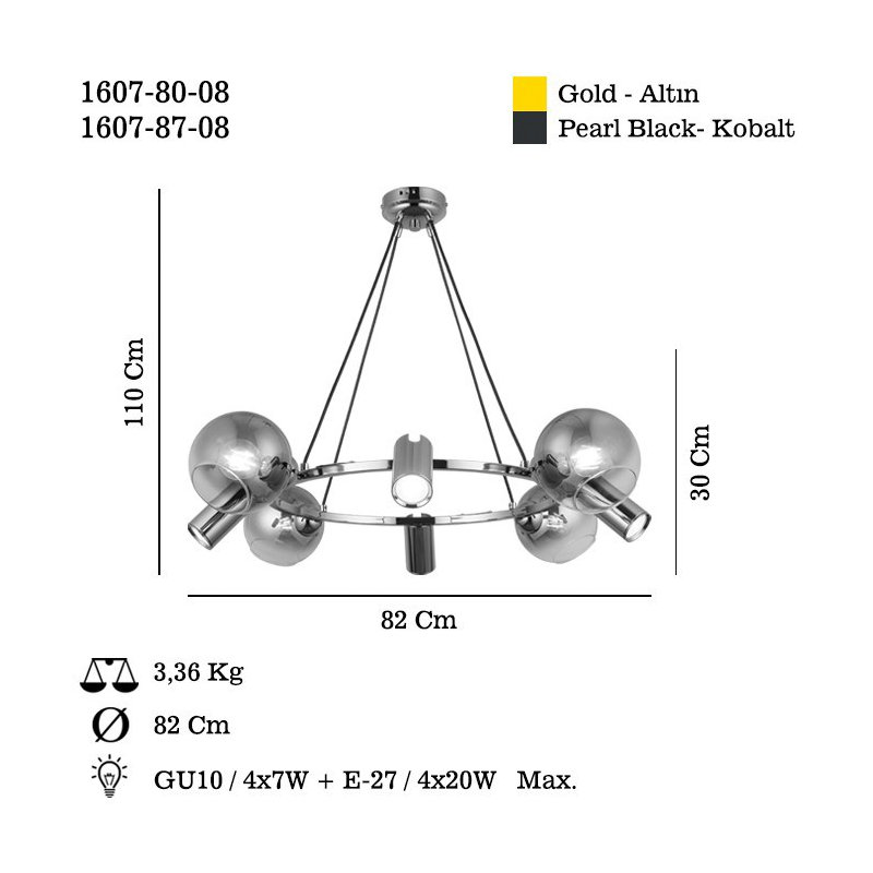 Antique Lacquer Chandelier, Metal Body, Adjustable Height 11.5 x 11.5 x 3 inches | 4 x E27 Max 40W & 4 x GU10 Max 5W Sockets | Elegant Lighting Fixture for Living Room, Dining Room & Hallway | Stylish Home Décor