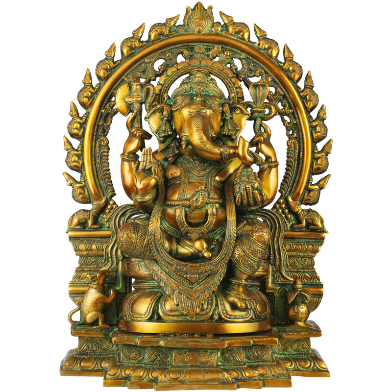 Ganesha sur un trône de lotus, son oreille composée de souris marchantes
