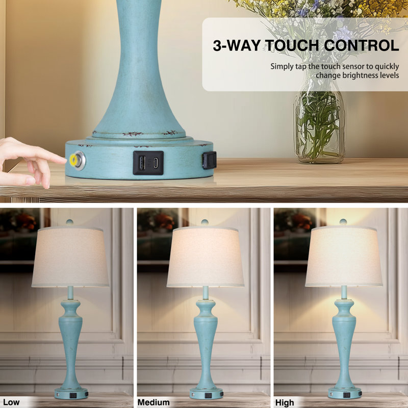 30” Touch Control Table Lamp Set With Usb & Type-c Ports, Led Bulb Included, Blue