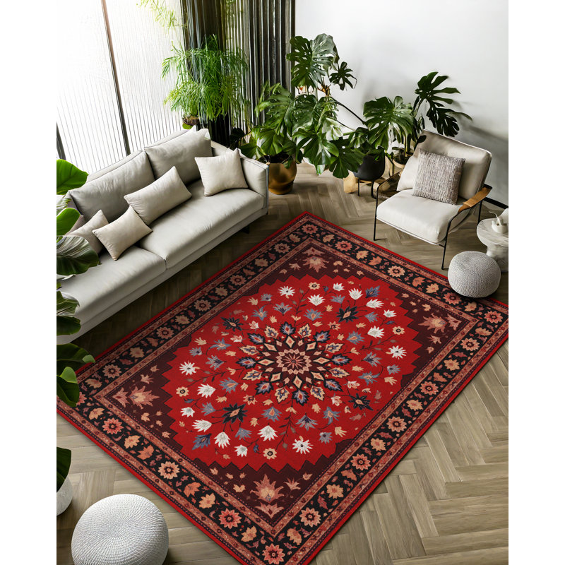 Floral Harmony Collection Digital Print Cotton-Polyester Blend Rug – Red & Floral Pattern, Rectangle 4' x 7'3"