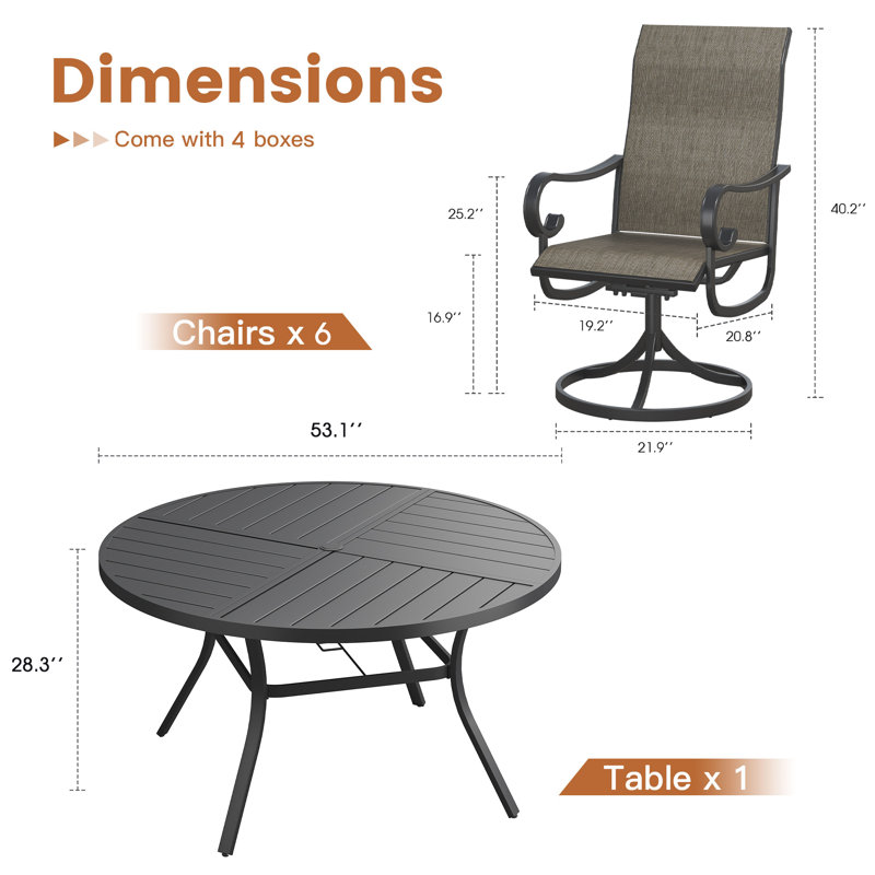 Ensemble de salle à manger pour 6 personnes avec table de salle à manger ronde en métal 53 po et 6 chaises de salle à manger pivotantes en textilène