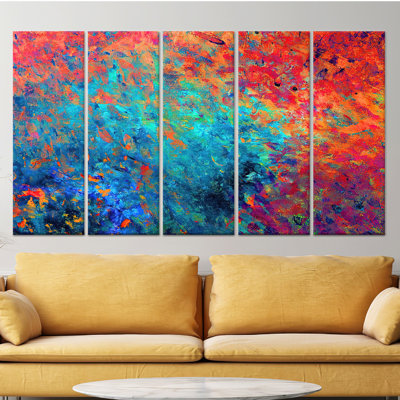 Abstract Canvas Wall Art: Vibrant Orange, Blue Modern Room Decor Print,5P Wrapped Canvas