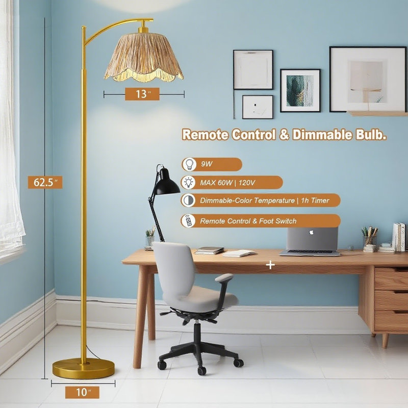 Oneach Modern Boho Floor Lamp With Remote Control, 3 Color Temperatures Dimmable LED Bulb Included, Handwoven Rattan Shade For Living Room Bedroom Office Farmhouse Decor