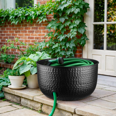 Hand Hammered Metal Garden Hose Holder Pot with Lid