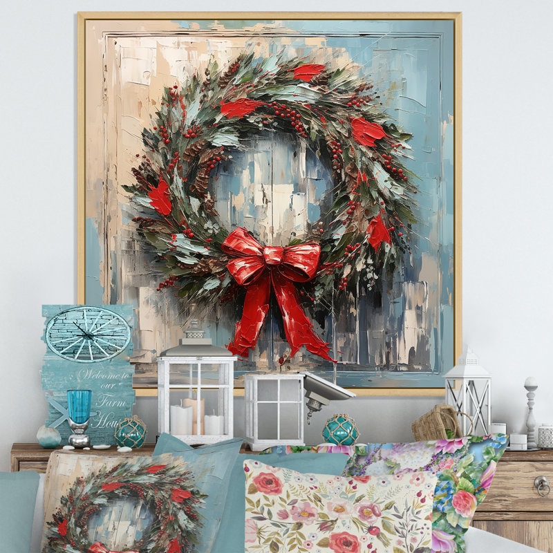 Couronne de Noël verte et hiver III - Couronne, art mural, Cadre flottant brun, 16" H x 16" W