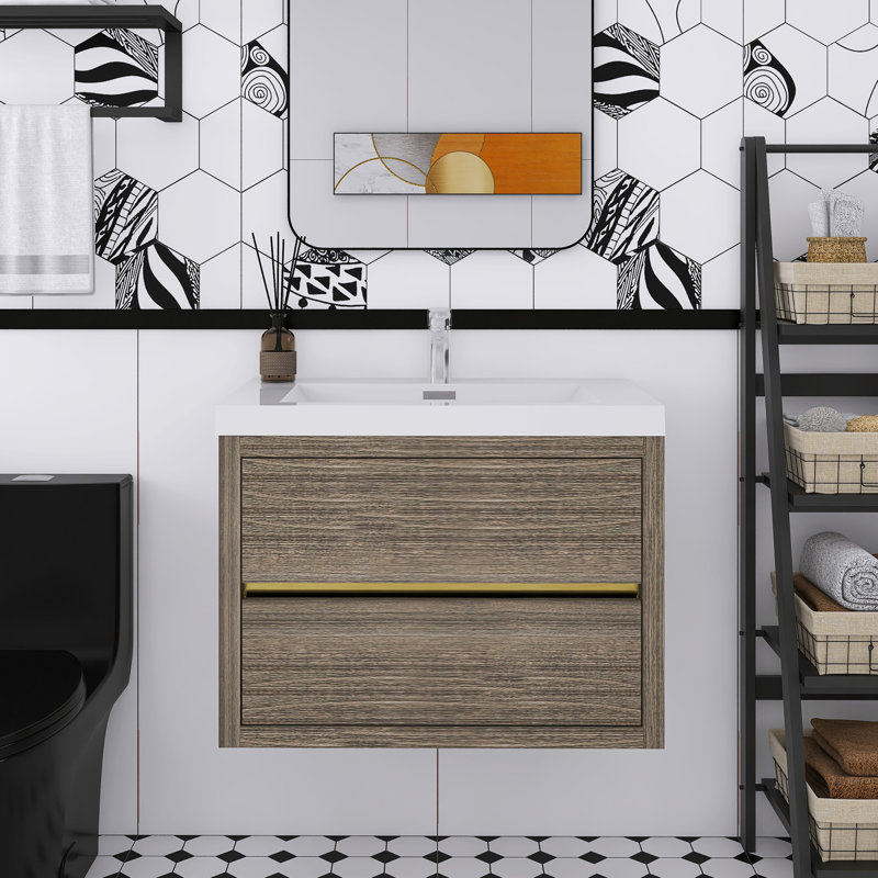Meuble-lavabo mural blanc brillant avec comptoir en résine de pierre et tiroirs à fermeture en douceur, Gris, 30"