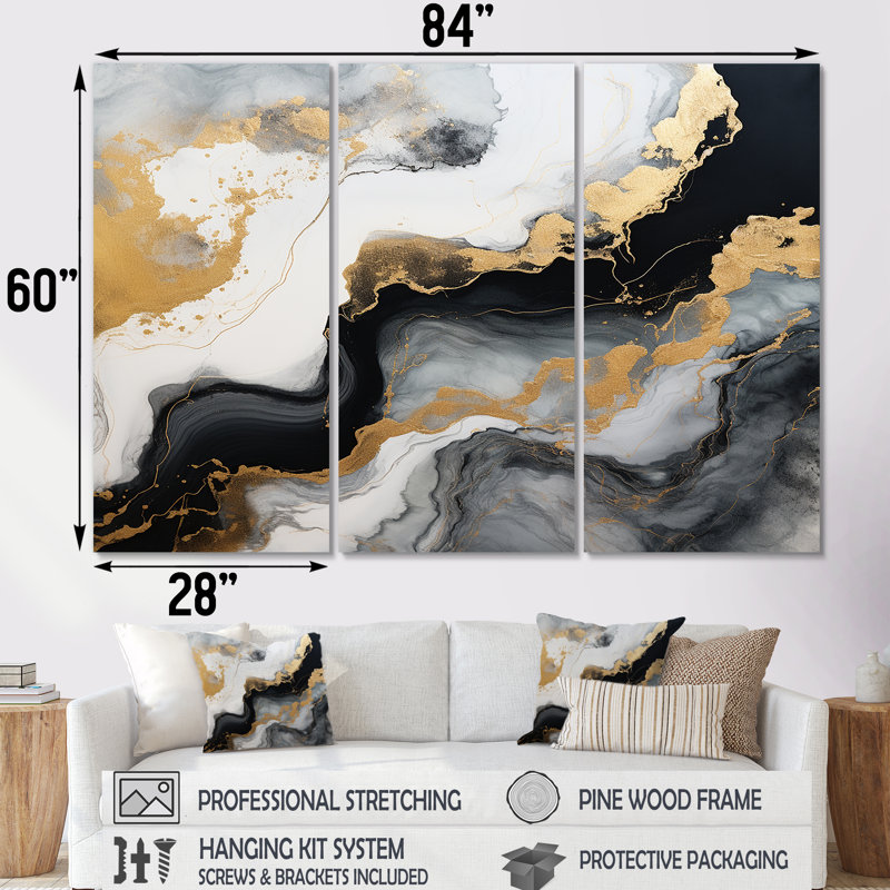 Glam Gold Flows - ensemble d'art mural en marbre noir, H 60 po x l 84 po x P 1,5 po, Toile tendue