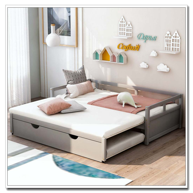 Lit de jour extensible avec couchette, lit de jour en bois avec couchette, Gris