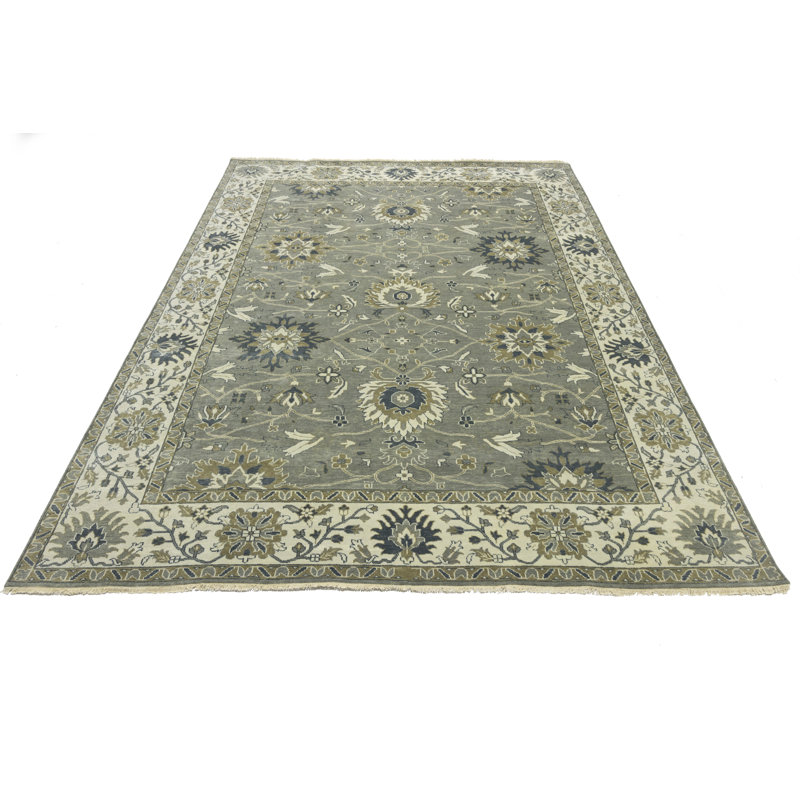 Floral Handmade Hand-Knotted Rectangle 9'1" x 11'10" Wool Area Rug in Cream