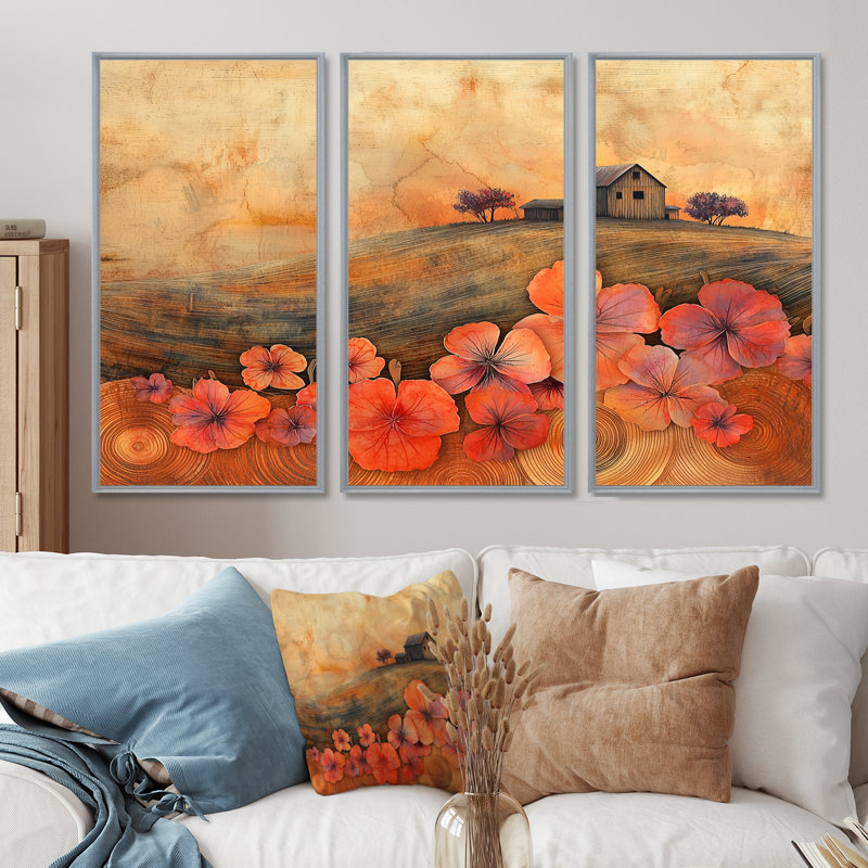 «Geraniums Flowers At Barn Landscape II» - ensemble de 3 géraniums, H 28 po x l 36 po, Impression encadrée sans passe-partout