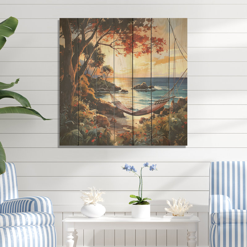 Coucher de soleil hamac près de la plage I - Tropical côtier sur bois, H 36 po x l 36 po
