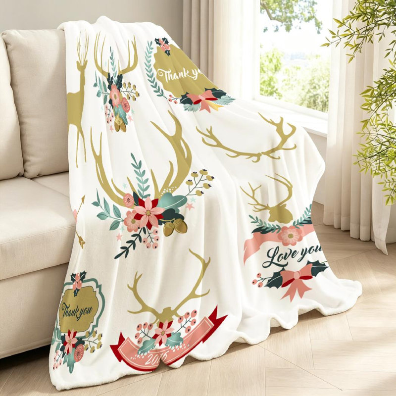 Jeté en flanelle dorée ultra douce, imprimé cerf de cerf avec fleurs, Jeté 40 po x 50 po