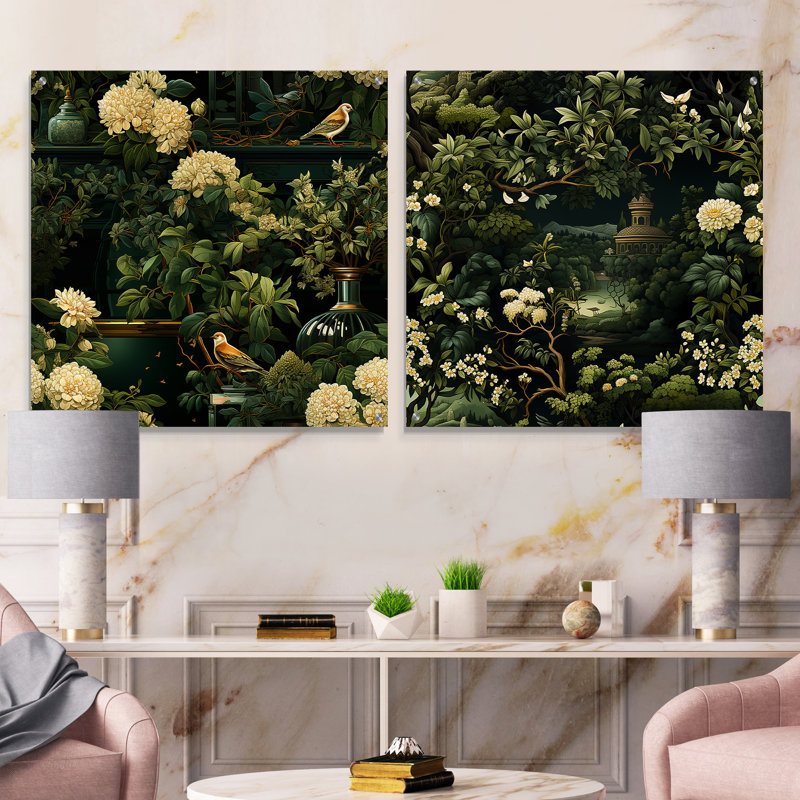 Victorian Garden Scenes Victorian Pattern - Abstract Botanicals Acrylic Wall Art Glass Set Of 2, 16" H x 33" W