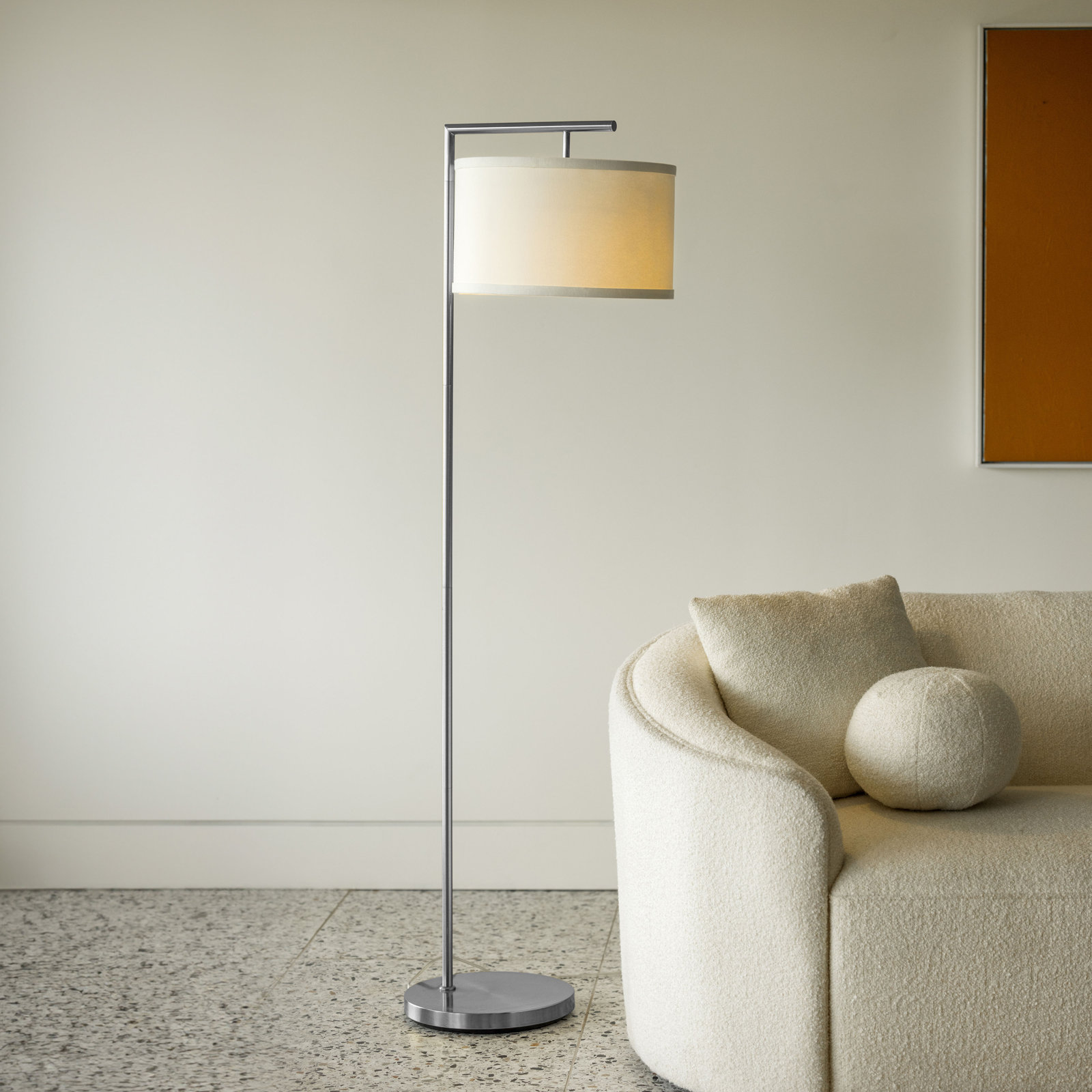 Montage Modern 60 in. Mid-Century Modern LED Floor Lamp with Fabric Drum Shade, Gold, White