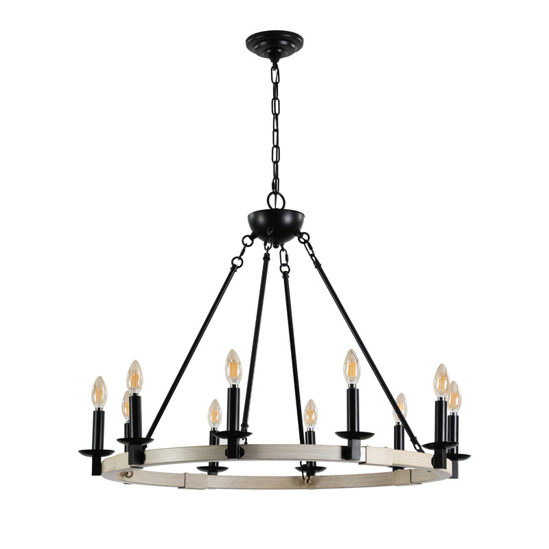 Luminaire suspendu rétro en métal noir et bois à 10 lumières, hauteur réglable pour la salle à manger, la cuisine, les espaces de vie, culot d'ampoule E12 sans ampoules, chêne blanc mat clignotant rustique, salle à manger, vacillement