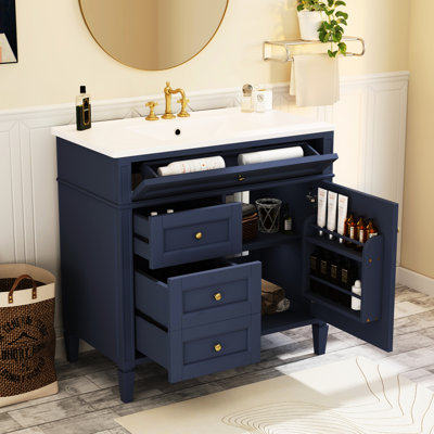 Meuble-lavabo de 91 cm (36 po) avec comptoir en céramique, armoire bleue à 2 tiroirs et rangement organisé, lavabo au style moderne, grande capacité de rangement, apparence élégante.