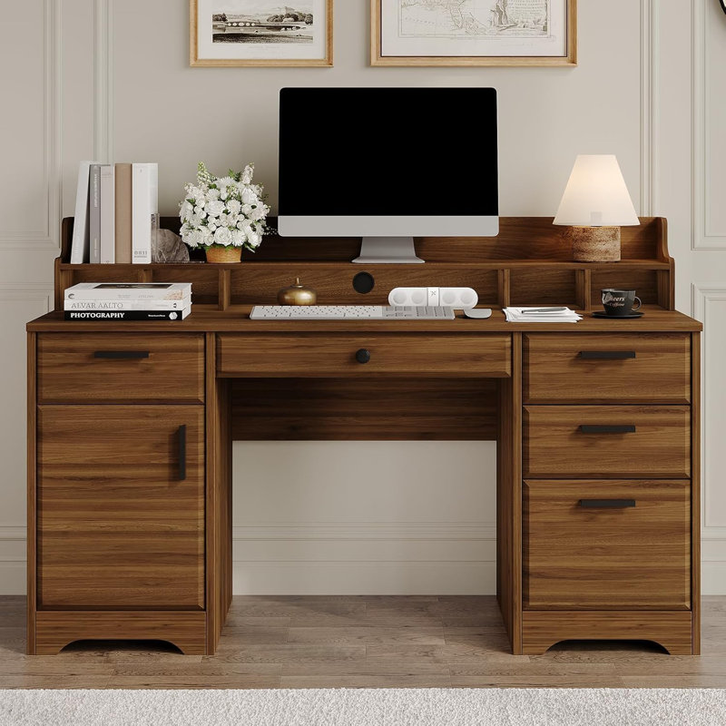Bureau de direction avec huche, bureau d'ordinateur 58 pouces à 5 tiroirs, Brun
