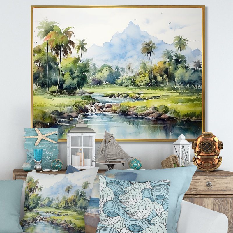Paysage indonésien - Art mural Indonésie, H 16 po x l 32 po x P 1 po, Cadre flottant doré