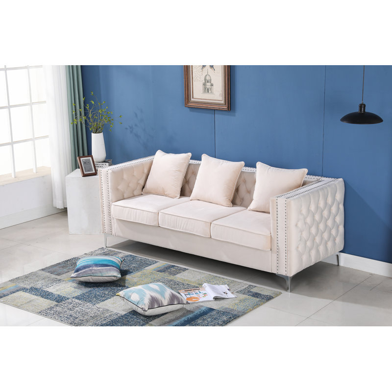 Habbe 84.6'' Velvet Sofa, Beige Velvet
