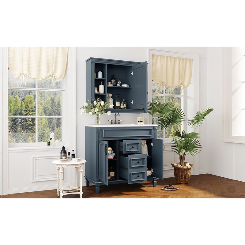 Meuble-lavabo de salle de bain moderne 36 ", miroir bleu, meuble-lavabo 2 portes et tiroirs, unité