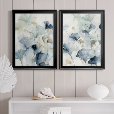 Indigo Ginkgo I - ensemble de 2 peintures sur toile encadrées