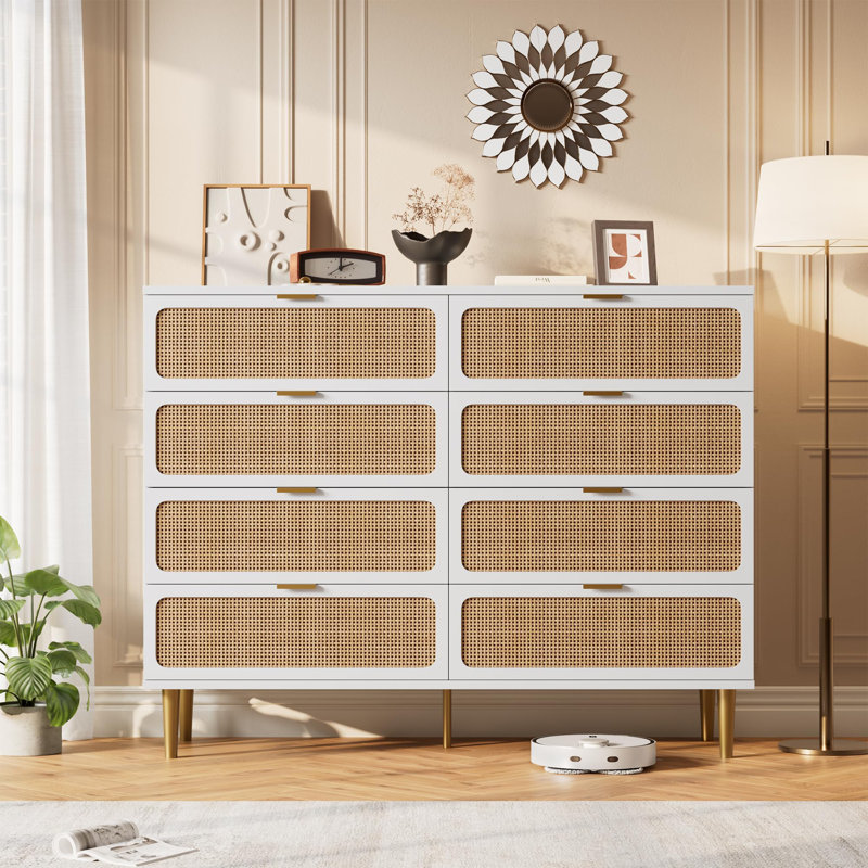 Commode à 8 tiroirs en rotin pour chambre à coucher, commode à tiroirs profonds, grande commode pour garde-robe avec dessus large, commode longue en bois pour le salon, couloir, blanc + naturel (2 colis)