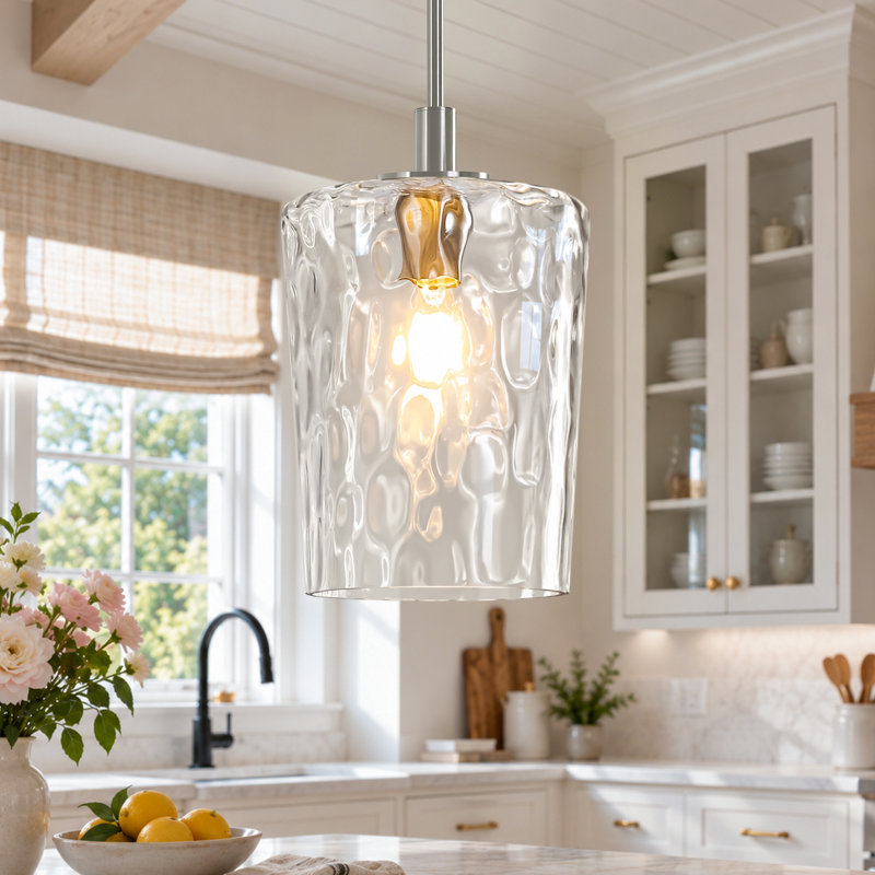 Luminaire suspendu pour pot de cuisine en verre martelé 1 lumière 7,67 po Alejo, Nickel