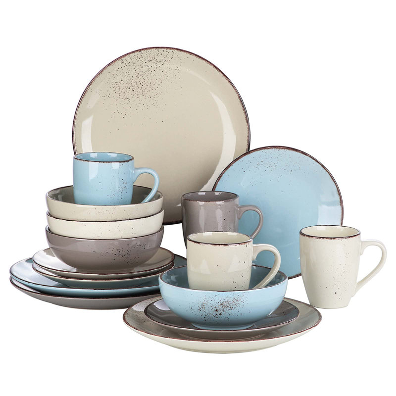 Aayah Ceramic Dinnerware Set 16 Piece - Service for 4, Blue/Grey/Beige