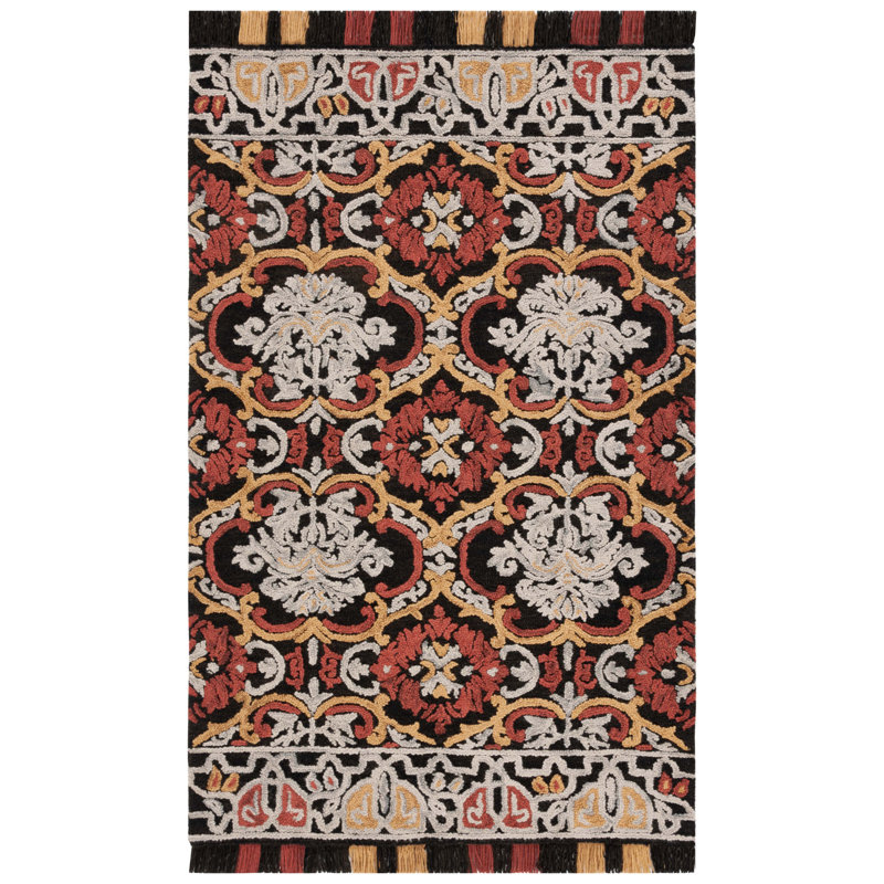 Blossom Tufted Wool/Cotton Performance Oriental Rug in Red/Charcoal, Rectangle 6' x 9'