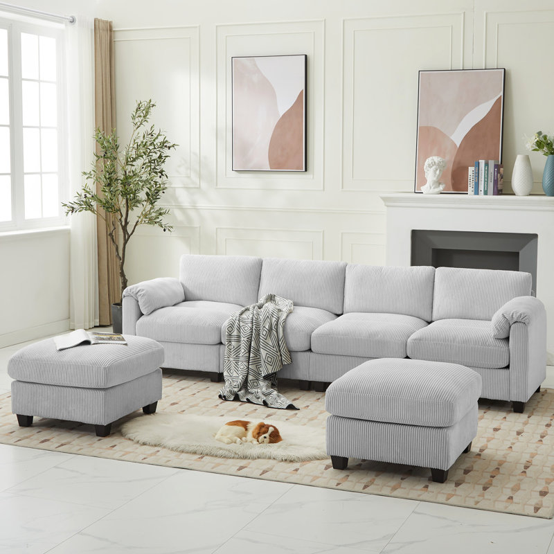 6-Piece Upholstered Corduroy U-Shape Sectional with Ottoman, Gray Corduroy