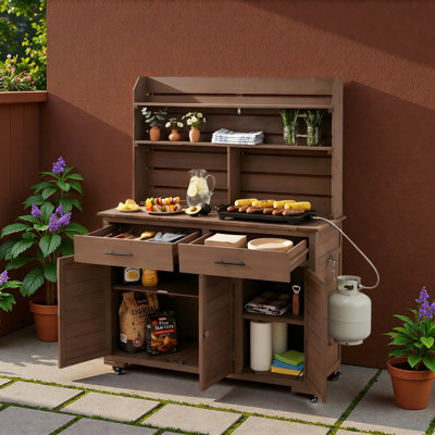 Large Garden Potting Bench With Lockable Wheels, Storage Cabinets, Drawers And Removal Shelves