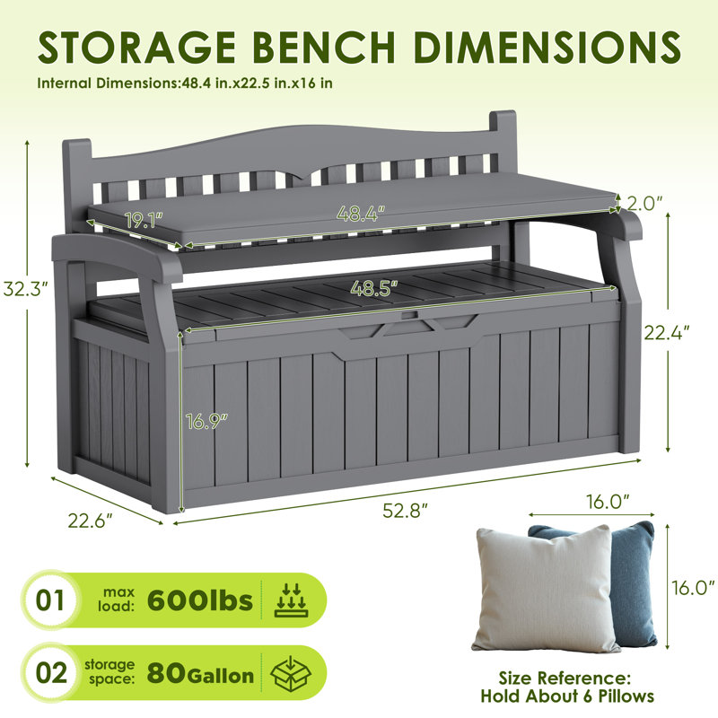 80-Gallon Plastic Storage Bench With Removable Cushion, Backrest & Armrests, Lockable Lid For All-Weather Indoor Outdoor Use On Patio, Garage, Entryway