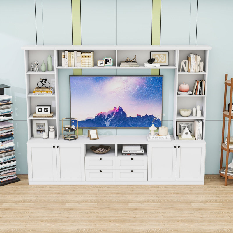 Meuble audio-vidéo avec tablettes et tiroirs, White